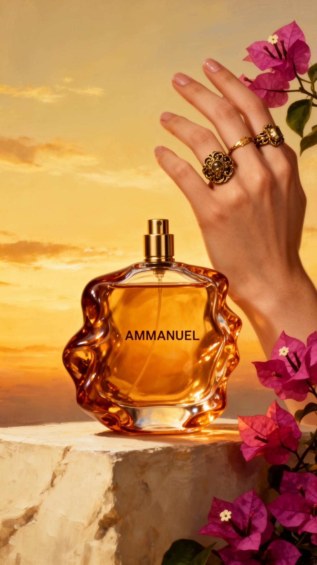 Fragrance ad: amber sculptural bottle labelled AMMANUEL beside bougainvillea.