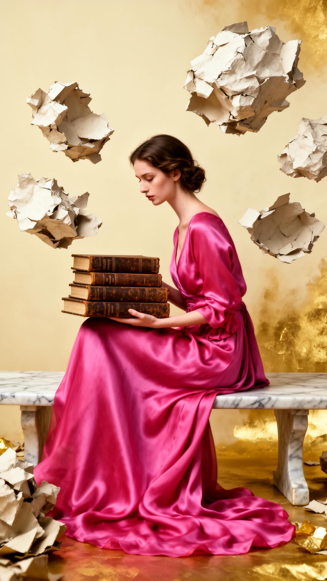 Model in bougainvillea silk holding leather-bound books.