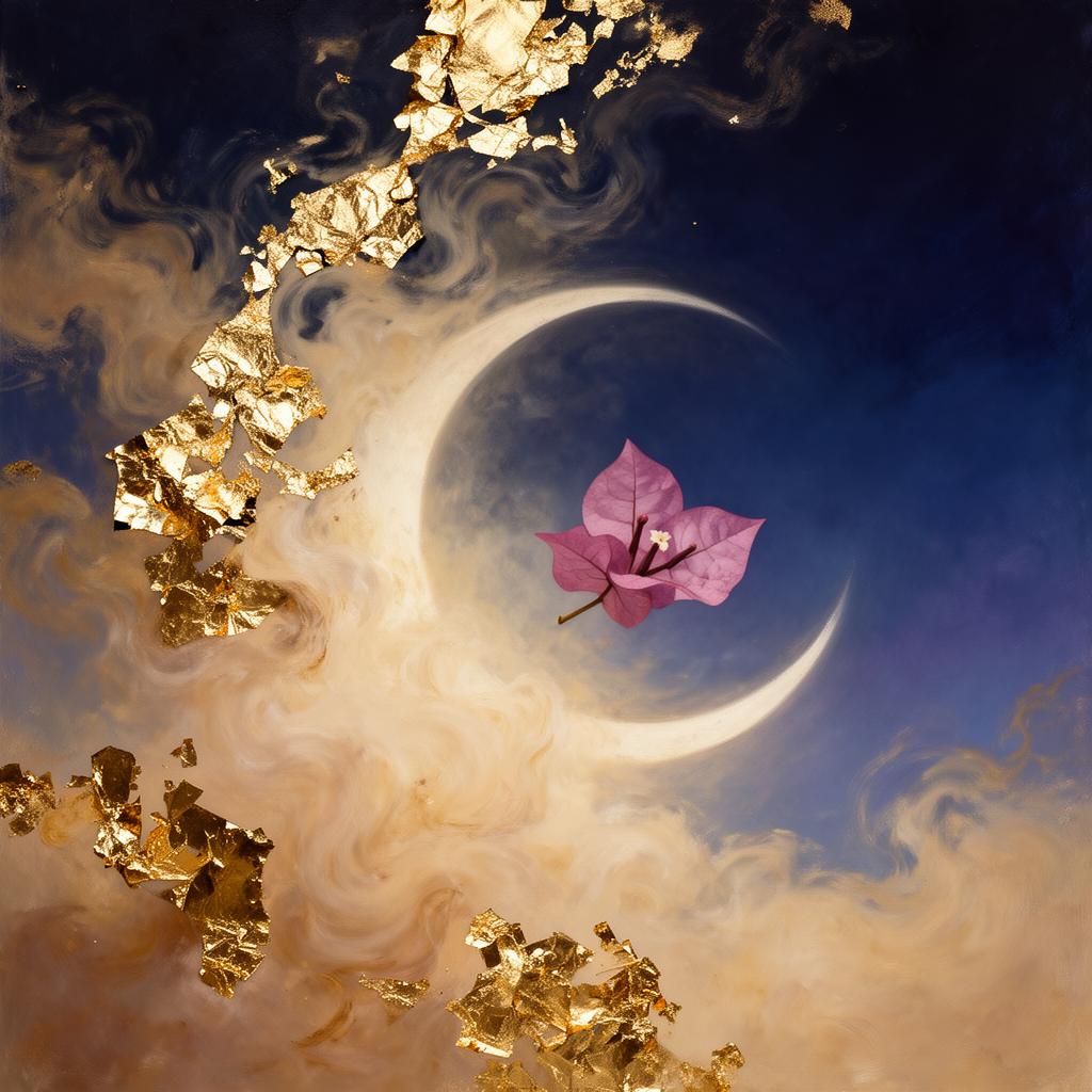 An oracle cover: gold leaf, ivory mist, a bougainvillea petal in a crescent moon.
